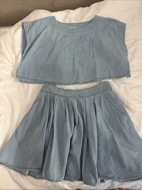 Light Blue Denim Two-Piece Crop Top & Pleated Skirt Set